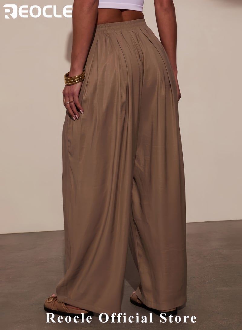 REOCLE Wide Leg Pants for Women High Waisted Drawsting Casual Loose Work Pants Business Palazzo Trousers with Pockets - Image 3