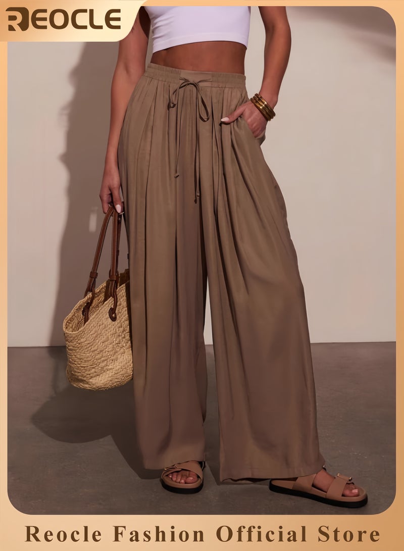 REOCLE Wide Leg Pants for Women High Waisted Drawsting Casual Loose Work Pants Business Palazzo Trousers with Pockets - Image 1