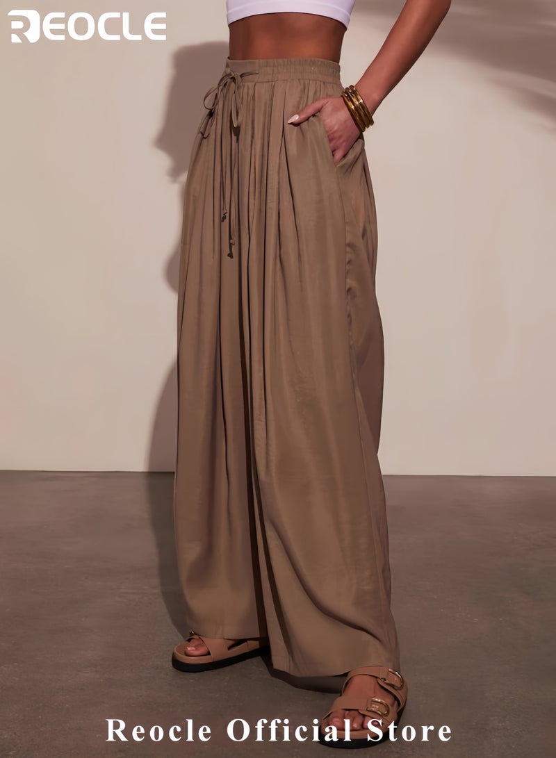 REOCLE Wide Leg Pants for Women High Waisted Drawsting Casual Loose Work Pants Business Palazzo Trousers with Pockets - Image 2