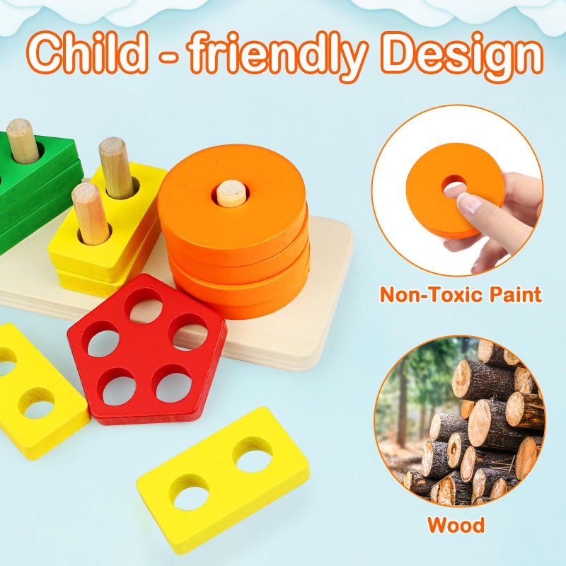 PEBIRA Montessori Toys for 1 to 3-Year-Old Boys Girls Toddlers, Wooden Sorting & Stacking Toys for Toddlers and Kids Preschool, Educational Toys, Color Recognition Shape Sorter, Learning Puzzles Gift - Image 2