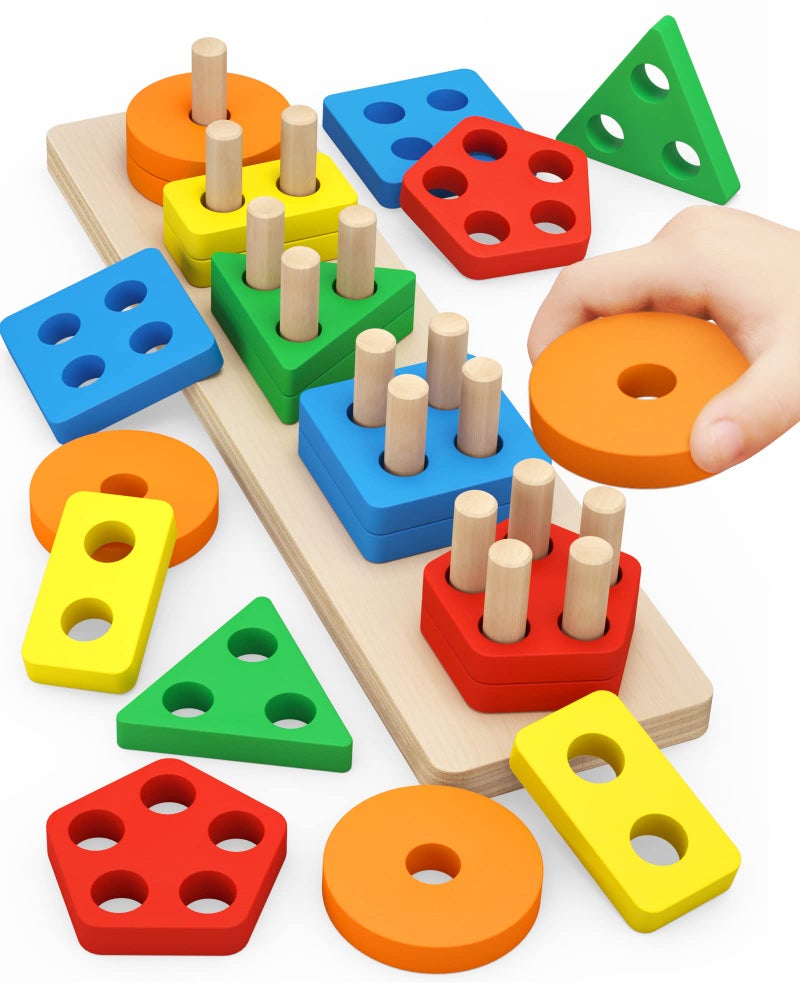 PEBIRA Montessori Toys for 1 to 3-Year-Old Boys Girls Toddlers, Wooden Sorting & Stacking Toys for Toddlers and Kids Preschool, Educational Toys, Color Recognition Shape Sorter, Learning Puzzles Gift - Image 1
