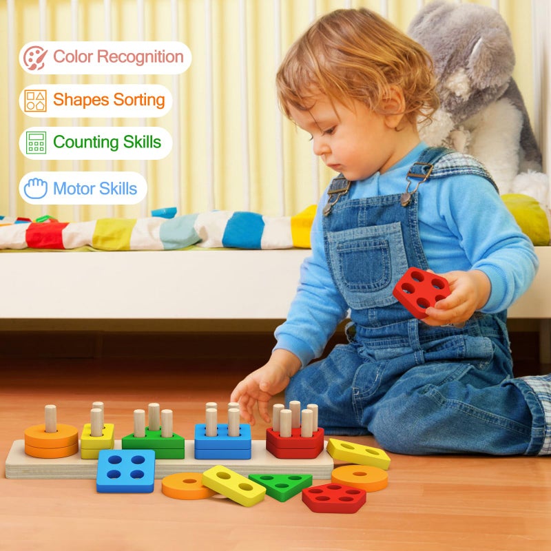 PEBIRA Montessori Toys for 1 to 3-Year-Old Boys Girls Toddlers, Wooden Sorting & Stacking Toys for Toddlers and Kids Preschool, Educational Toys, Color Recognition Shape Sorter, Learning Puzzles Gift - Image 5