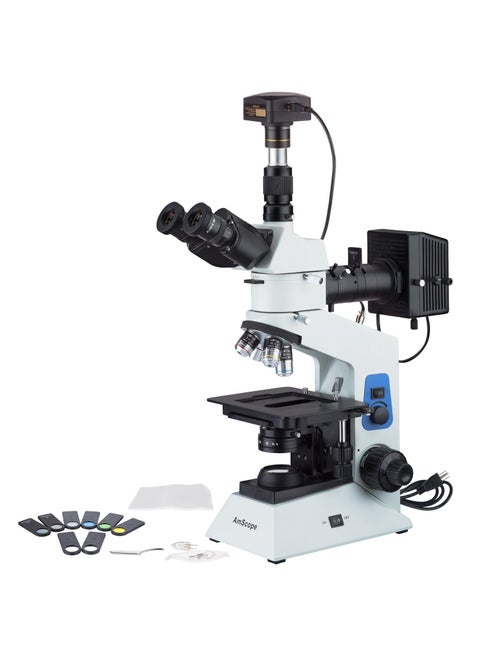 AmScope ME508 Series Compact Trinocular Metallurgical Upright Compound Microscope 40X800X Magnification DualIllumination Polarized Light with 18MP USB 30 CMount Camera