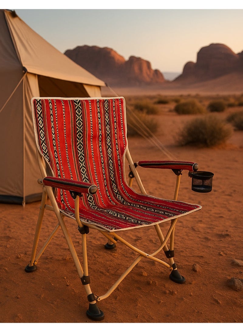 GO2CAMPS Premium Foldable Heritage Sadu Red Camping Chair with Cup Holder – Traditional Arab Design | Portable Lightweight Outdoor Seat with Armrests | Heavy-Duty Frame for Desert, Beach, BBQ, and Majlis | Supports Up to 150 Kg | Trip Chair,Camping,Gardening,Fishing,Travel,Picnic and Festivals [ SADU RED ] - Image 5
