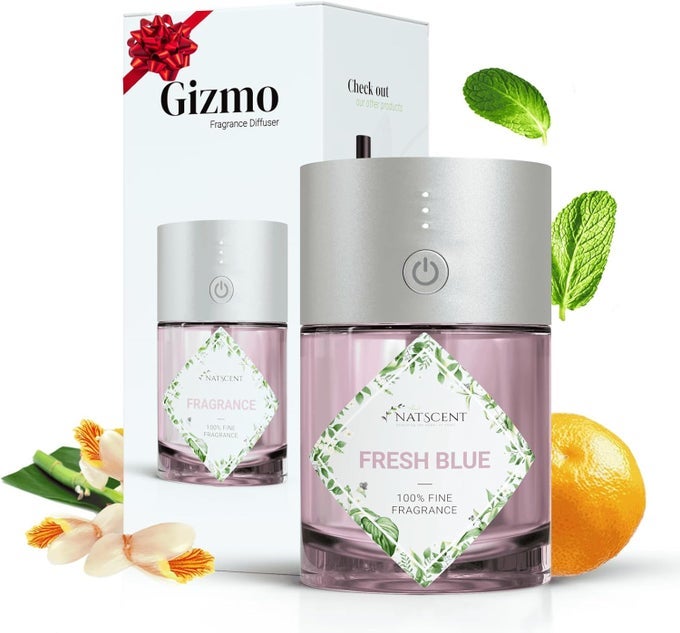 GIZMO WATERLESS DIFFUSER WITH FRAGRANCE OIL, PLUG & PLAY GLASS DIFFUSER BOTTLES, CORDLESS DIFFUSER, RECHARGEABLE, 3 MIST LEVELS, DIFFUSERS FOR HOME, CAR, BATH (FRESH BLUE, PINK)