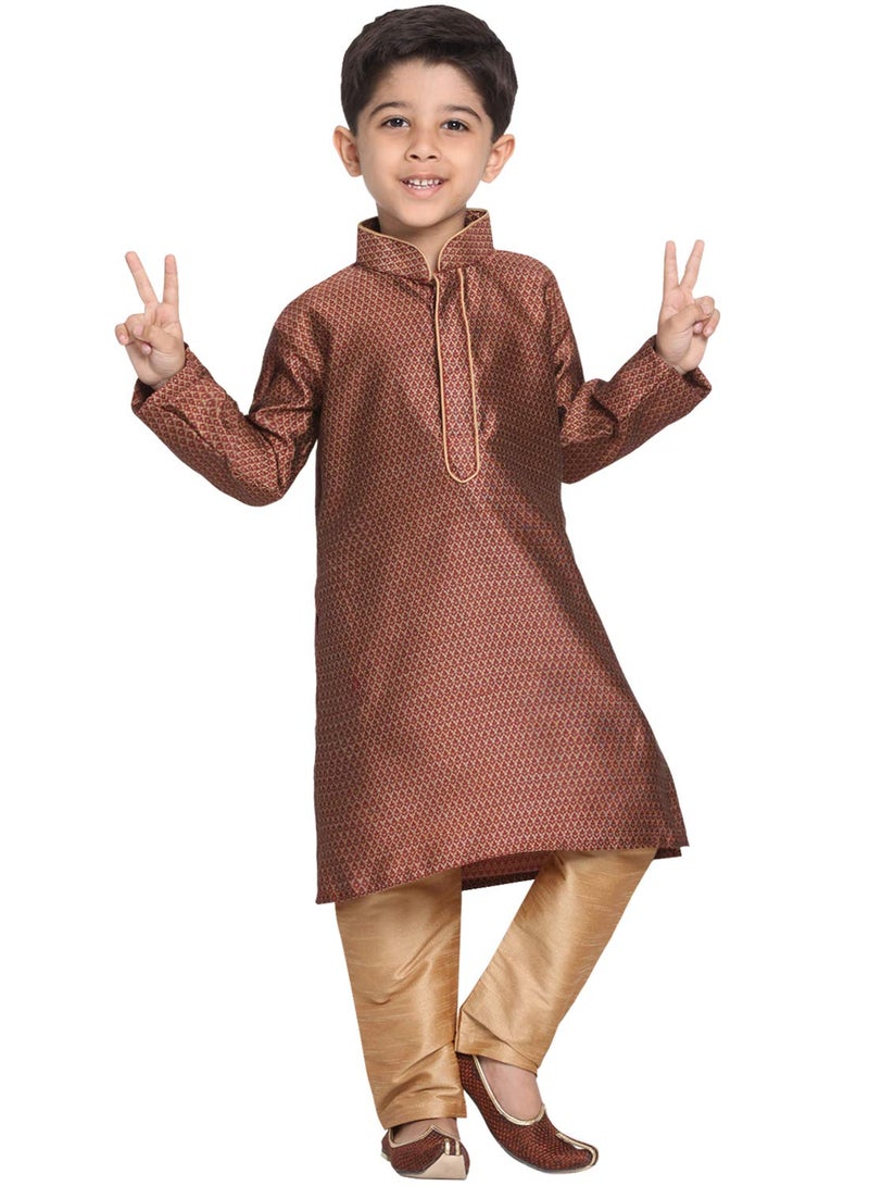 JBN Creation Boys' Maroon and Rose Gold Silk Blend Kurta and Pyjama Set_VASBK047MAnPRG_30 - Image 1