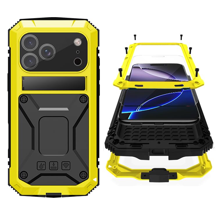 Simicoo for iPhone 17 Pro Max Metal Military Heavy Duty Case, Metal Bumper Shockproof Dustproof Rugged Tough with Stand Screen Protector Camera Control Full Body Drop Protective Cover (Yellow) - Image 1
