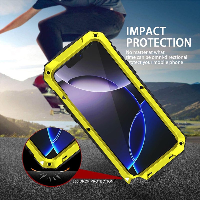 Simicoo for iPhone 17 Pro Max Metal Military Heavy Duty Case, Metal Bumper Shockproof Dustproof Rugged Tough with Stand Screen Protector Camera Control Full Body Drop Protective Cover (Yellow) - Image 5
