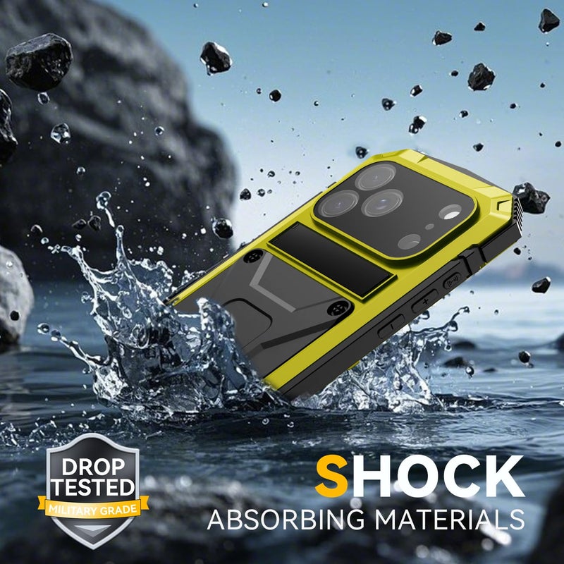 Simicoo for iPhone 17 Pro Max Metal Military Heavy Duty Case, Metal Bumper Shockproof Dustproof Rugged Tough with Stand Screen Protector Camera Control Full Body Drop Protective Cover (Yellow) - Image 4