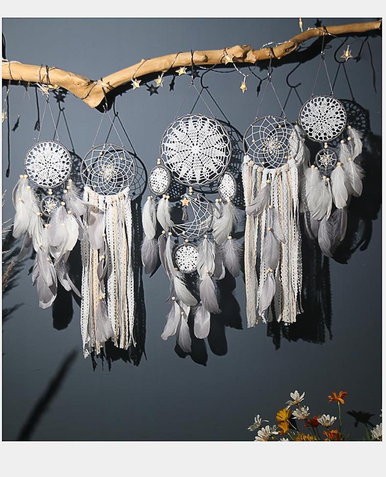 LODDIY Store Set of 5 Boho, Hanging Large Boho Dream Catcher Wall Hanging Moon Dream Catcher Set Dream Catchers Wall Decor for Vintage Wedding Home Decorations (Flower Color) - Image 2