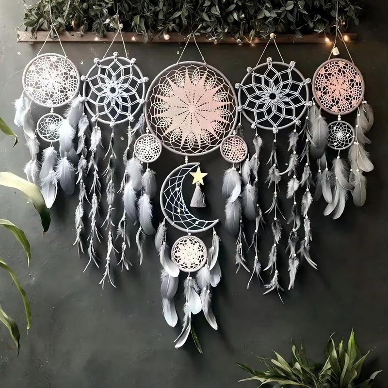 LODDIY Store Set of 5 Boho, Hanging Large Boho Dream Catcher Wall Hanging Moon Dream Catcher Set Dream Catchers Wall Decor for Vintage Wedding Home Decorations (Flower Color) - Image 1