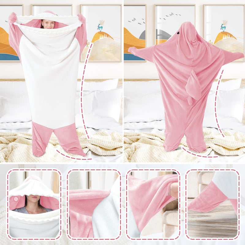Touchat Shark Blanket Hoodie Onesie, Wearable Blankets Hoodie Adult, Warm Flannel Throw Blanket Tail Sleeping Bag, Cartoon Costume Shark Onesie Funny Gifts for Adults (Pink,M) - Image 3