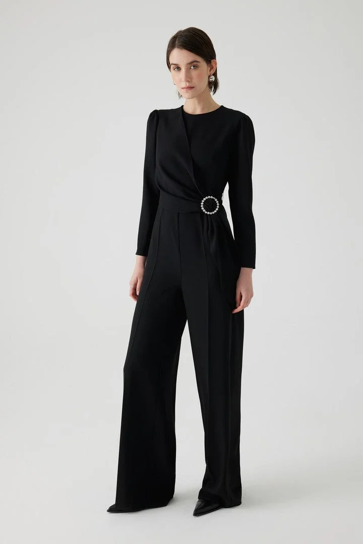 EXQUISE Regular Black Jumpsuit with Rhinestone Belt