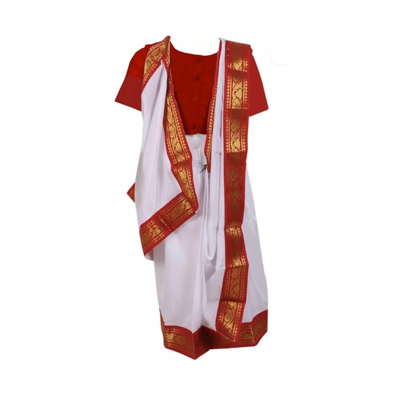 FancyDressWale Polyester Bengali Saree For Girls And Women, Semi Stitched (8-11 Years (32)), White - Image 5