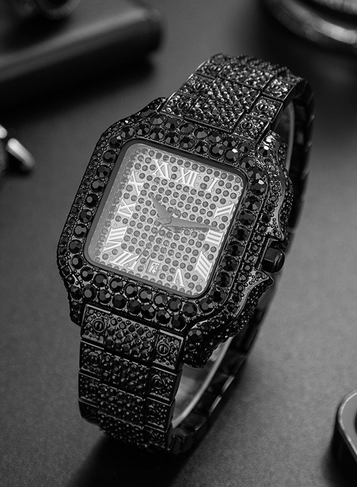 MISS FOX Men's Diamond Watch Fashion Crystal Diamond Quartz Watch Ice Crystal Bracelet Watch Hip Hop Ice Watch Full Diamond Square Roman Scale Men's Quartz Watch - Image 3