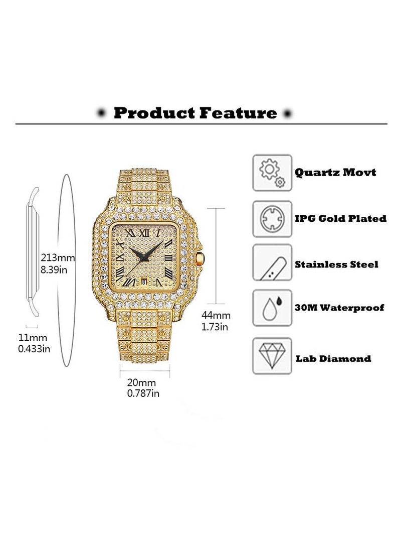 MISS FOX Men's Diamond Watch Fashion Crystal Diamond Quartz Watch Ice Crystal Bracelet Watch Hip Hop Ice Watch Full Diamond Square Roman Scale Men's Quartz Watch - Image 5
