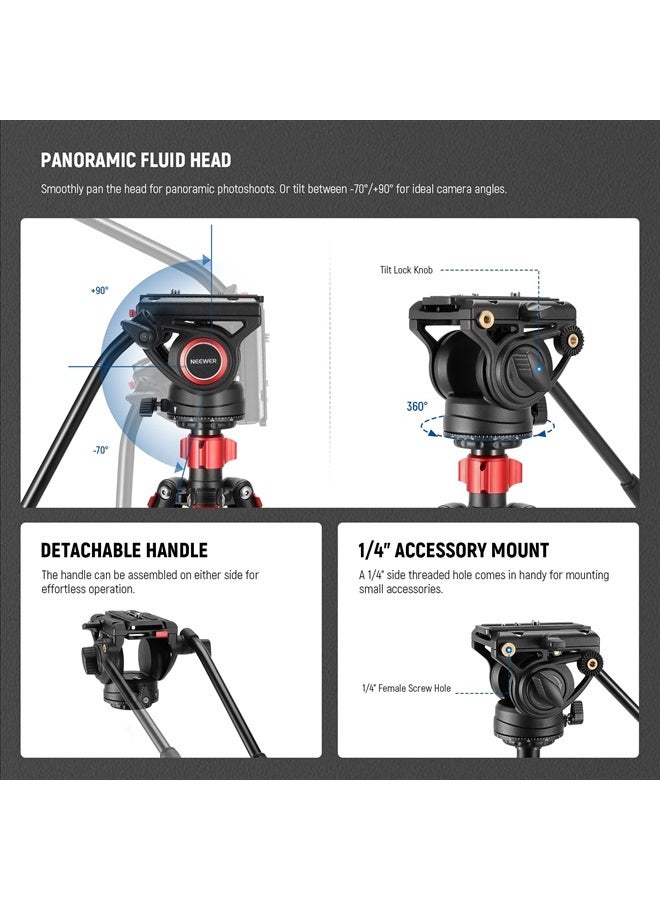 NEEWER 72" Fluid Head Video Tripod Monopod, Aluminum Alloy QR Plate Compatible with DJI RS Gimbal Manfrotto, 360° Pan & +90°/-70° Tilt for DSLR Camera Camcorder, Max Load 17.6lb/8kg, TP72A - Image 2