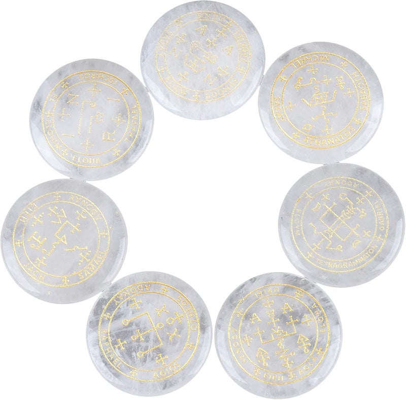 Rockcloud Healing Crystal 7pcs Engraved Magic Circle Spiritual Powers Round Palm Stones Reiki Balancing,Rock Quartz