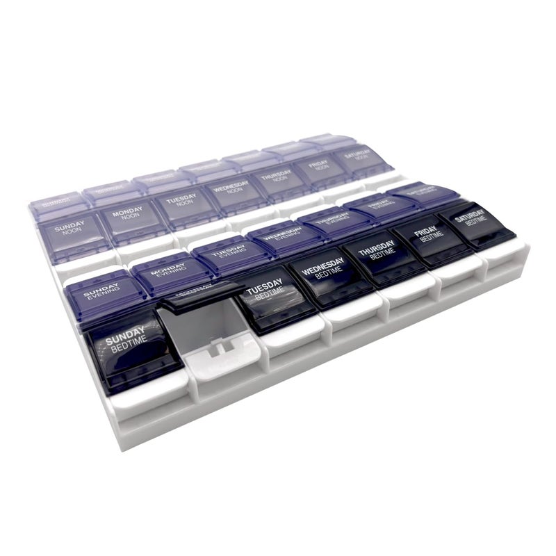 EZY DOSE Weekly (7-Day) Pill Organizer, Vitamin Container, and Daily Medicine Planner, 2X-Large Push Button Compartments, Arthritis Friendly, Easy to Use, 4 Times a Day, Grayscale Lids, BPA Free - Image 1
