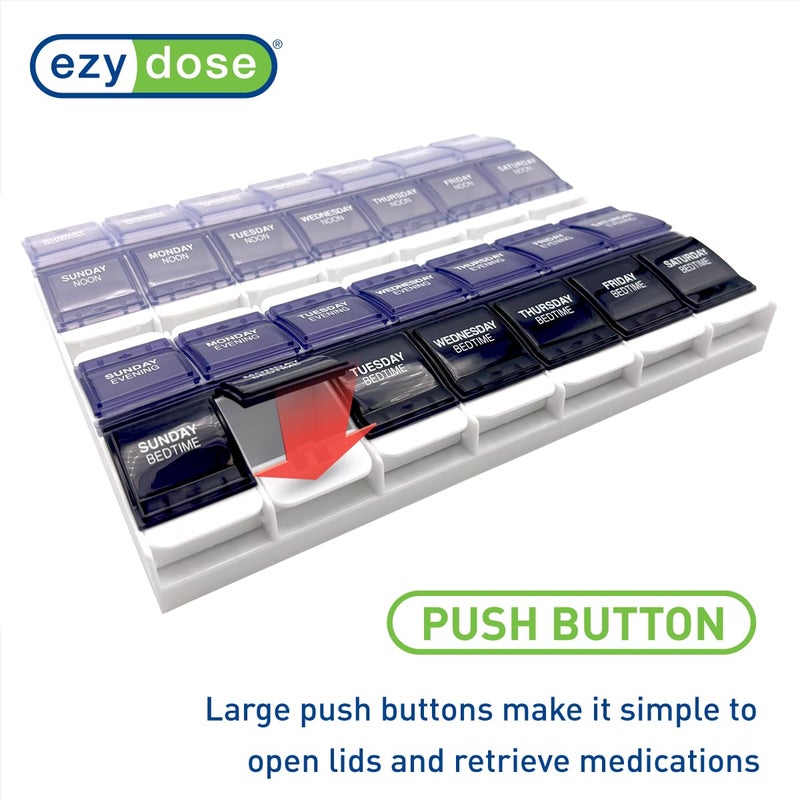EZY DOSE Weekly (7-Day) Pill Organizer, Vitamin Container, and Daily Medicine Planner, 2X-Large Push Button Compartments, Arthritis Friendly, Easy to Use, 4 Times a Day, Grayscale Lids, BPA Free - Image 4