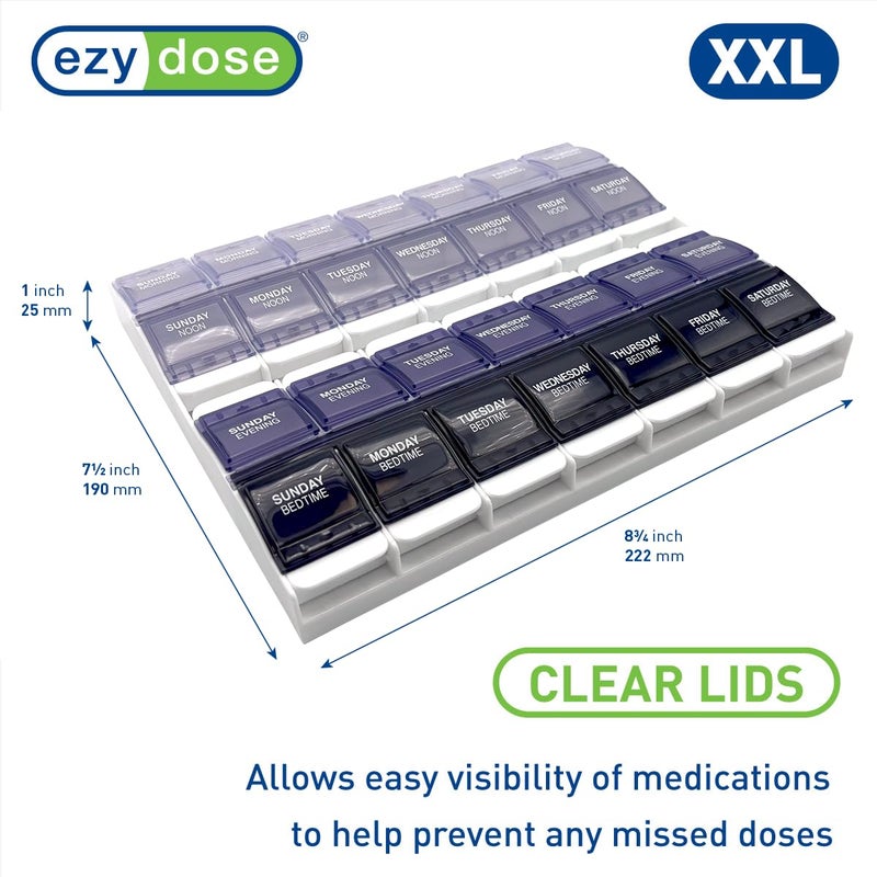 EZY DOSE Weekly (7-Day) Pill Organizer, Vitamin Container, and Daily Medicine Planner, 2X-Large Push Button Compartments, Arthritis Friendly, Easy to Use, 4 Times a Day, Grayscale Lids, BPA Free - Image 2