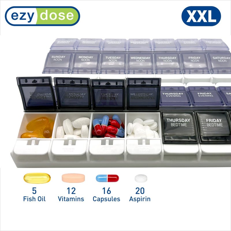 EZY DOSE Weekly (7-Day) Pill Organizer, Vitamin Container, and Daily Medicine Planner, 2X-Large Push Button Compartments, Arthritis Friendly, Easy to Use, 4 Times a Day, Grayscale Lids, BPA Free - Image 3