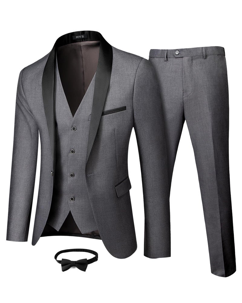 MYS Mens 3 Piece Tuxedo Set with Bow Tie Shawl Lapel One Button Jacket Vest Pants Slim Fit Suit Prom Party Wedding Tux Deep Grey