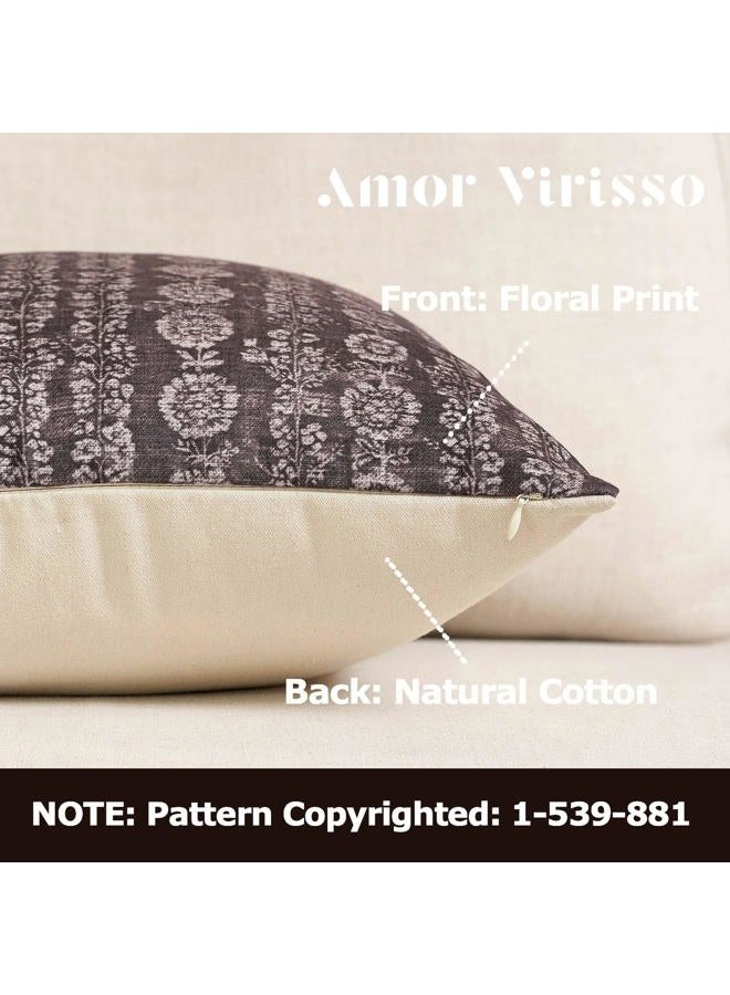 Amor Virisso Vintage Floral Throw Pillow Covers 18x18 Striped Farmhouse Block Print Pillow Cover Boho Neutral Decorative Pillows for Living Room Bed, Dark Brown - Image 2