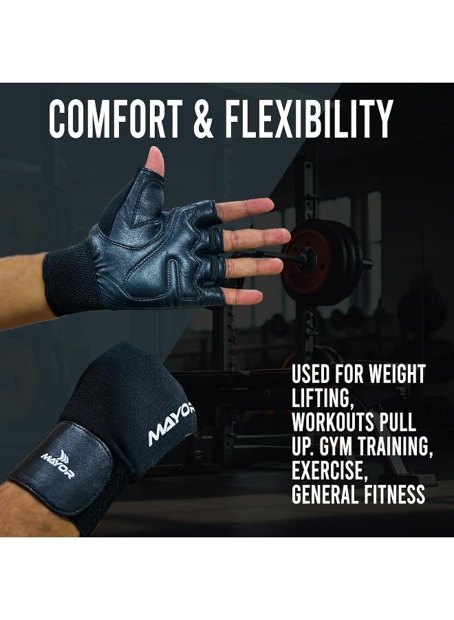 مايور قفازات مايور فورس الجلدية لرفع الأثقال مع دعم المعصم – أسود، مقاس حر - Image 3