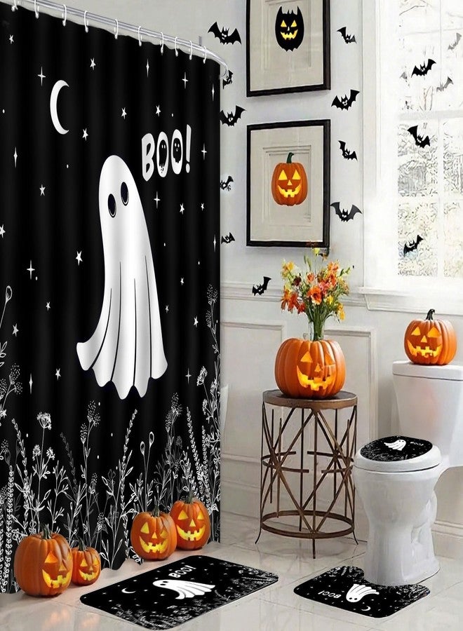موكسيكا طقم ستائر حمام موكسيكا للهالوين مكون من 4 قطع، ستائر حمام سوداء مخيفة بتصميم أشباح، مع سجاد حمام قابل للغسل ومضاد للانزلاق، وغطاء لمرحاض، لتزيين حمامك في الهالوين. - Image 5