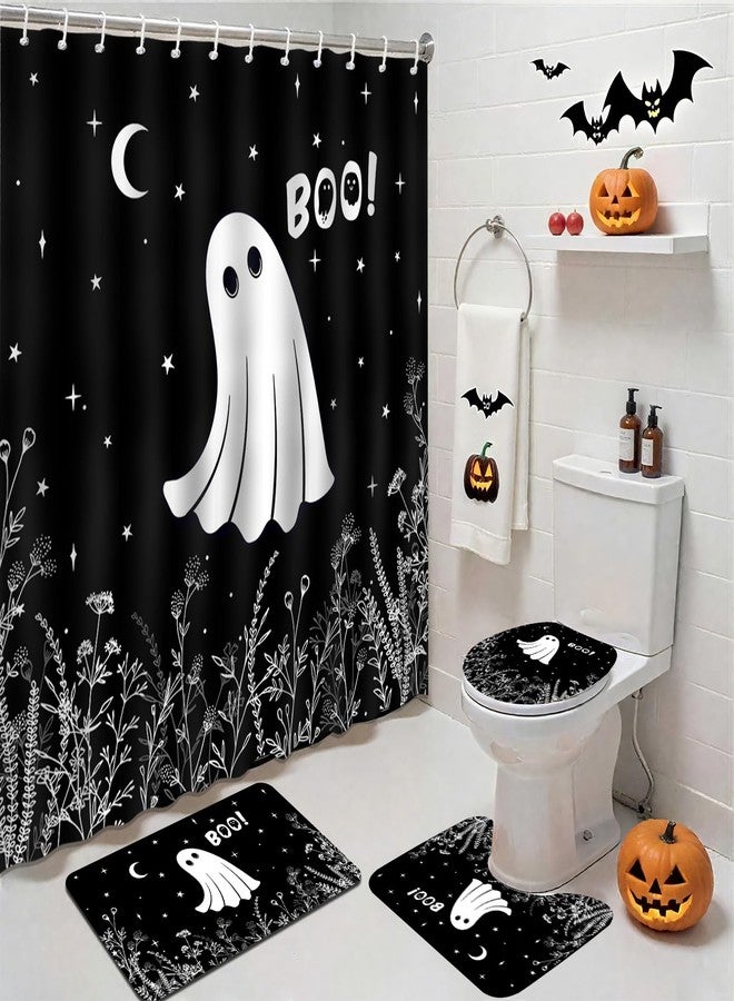 موكسيكا طقم ستائر حمام موكسيكا للهالوين مكون من 4 قطع، ستائر حمام سوداء مخيفة بتصميم أشباح، مع سجاد حمام قابل للغسل ومضاد للانزلاق، وغطاء لمرحاض، لتزيين حمامك في الهالوين. - Image 1