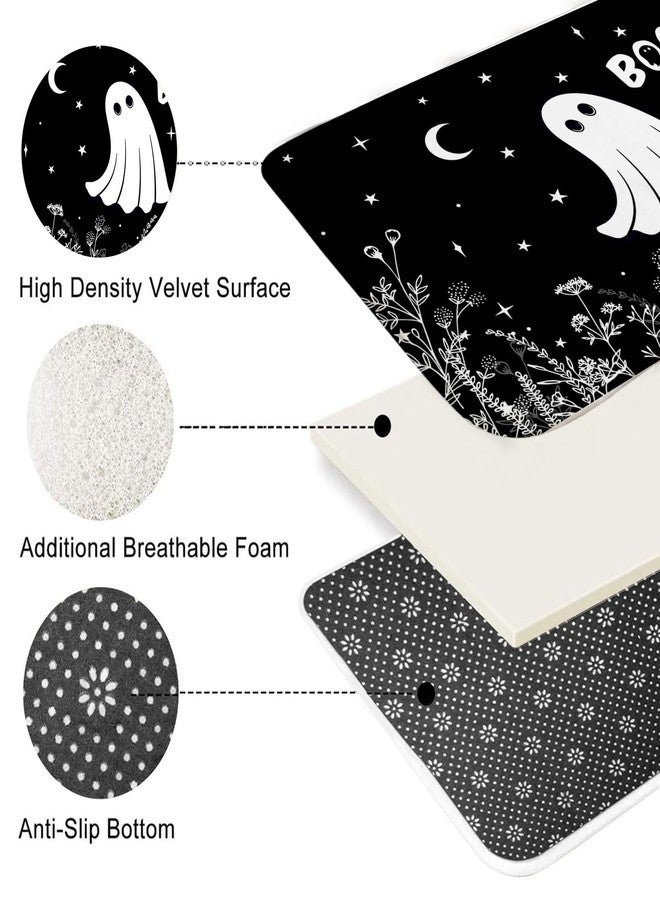 موكسيكا طقم ستائر حمام موكسيكا للهالوين مكون من 4 قطع، ستائر حمام سوداء مخيفة بتصميم أشباح، مع سجاد حمام قابل للغسل ومضاد للانزلاق، وغطاء لمرحاض، لتزيين حمامك في الهالوين. - Image 3