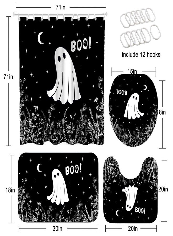 موكسيكا طقم ستائر حمام موكسيكا للهالوين مكون من 4 قطع، ستائر حمام سوداء مخيفة بتصميم أشباح، مع سجاد حمام قابل للغسل ومضاد للانزلاق، وغطاء لمرحاض، لتزيين حمامك في الهالوين. - Image 2