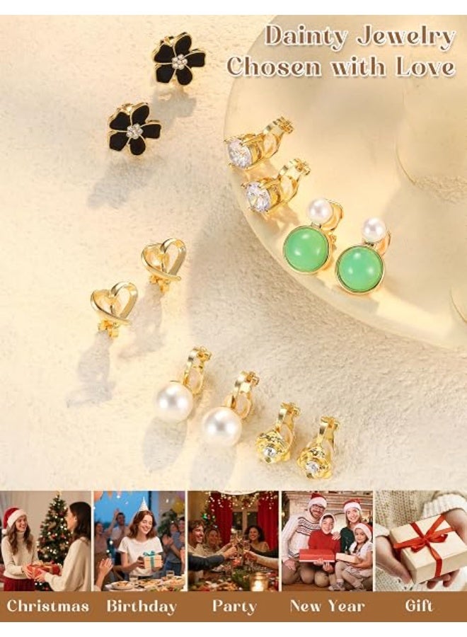 12 Pairs Comfortable Clip on Earrings for Women, Sparklrd Crystal Clip Earrings, CZ Cute Butterfly Flower Pearl Clip on Stud Earrings, Non Piercing Jewelry 14K Gold Plated - Image 4