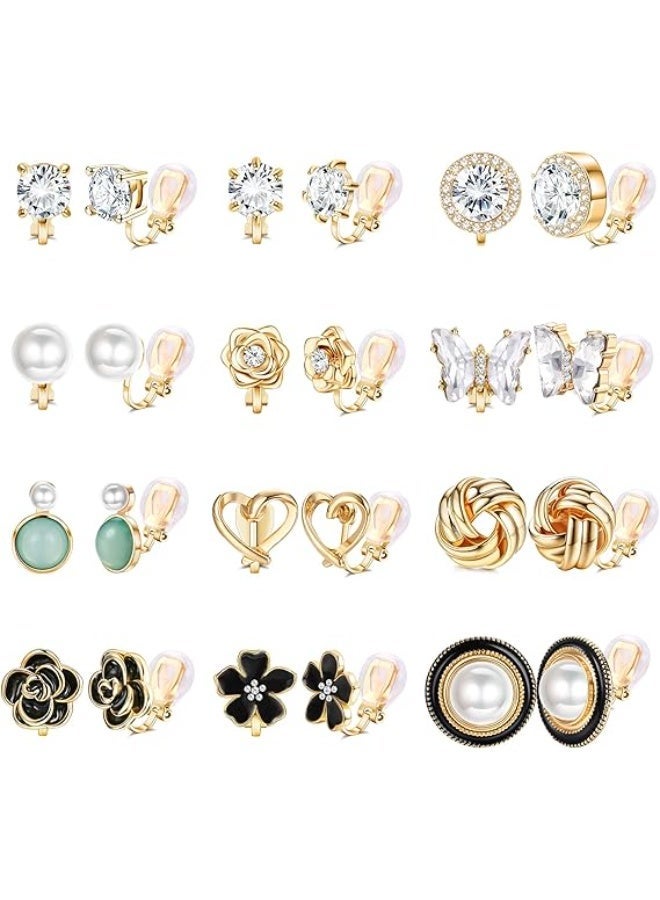 12 Pairs Comfortable Clip on Earrings for Women, Sparklrd Crystal Clip Earrings, CZ Cute Butterfly Flower Pearl Clip on Stud Earrings, Non Piercing Jewelry 14K Gold Plated - Image 1