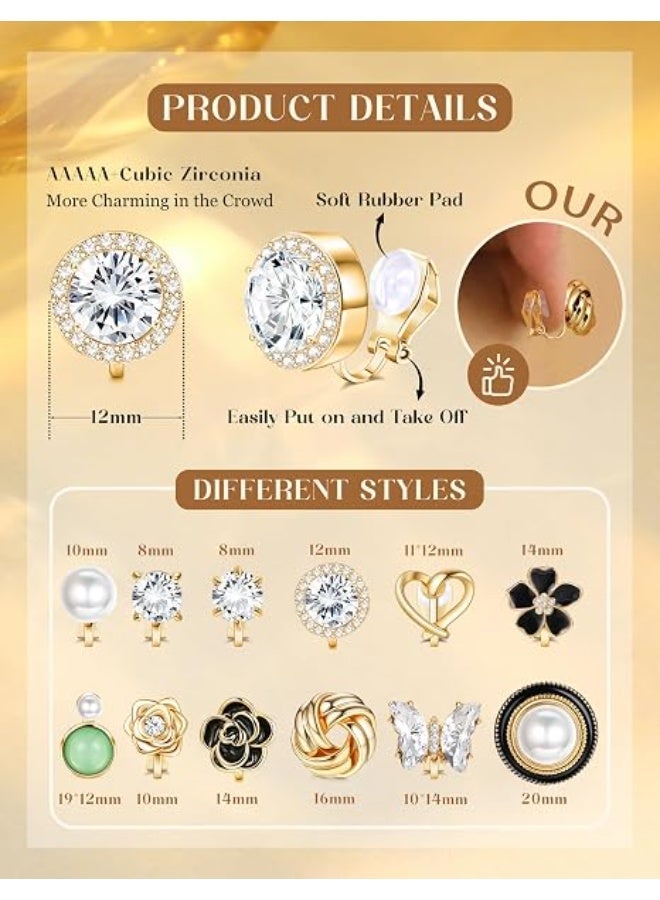 12 Pairs Comfortable Clip on Earrings for Women, Sparklrd Crystal Clip Earrings, CZ Cute Butterfly Flower Pearl Clip on Stud Earrings, Non Piercing Jewelry 14K Gold Plated - Image 2