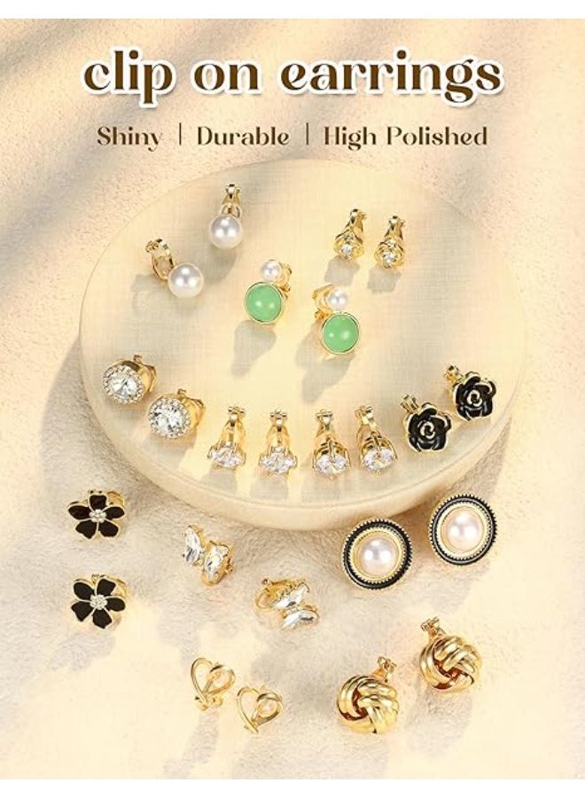 12 Pairs Comfortable Clip on Earrings for Women, Sparklrd Crystal Clip Earrings, CZ Cute Butterfly Flower Pearl Clip on Stud Earrings, Non Piercing Jewelry 14K Gold Plated - Image 5