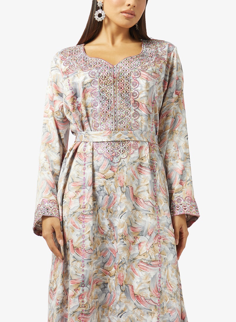 hayas closet Floral Embroidery & Stonework And Belt Jalabiya - Image 3