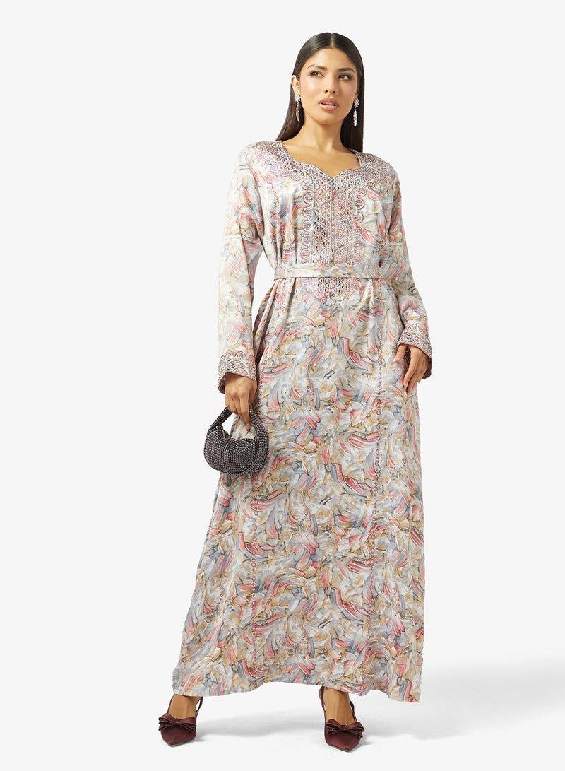 hayas closet Floral Embroidery & Stonework And Belt Jalabiya - Image 4