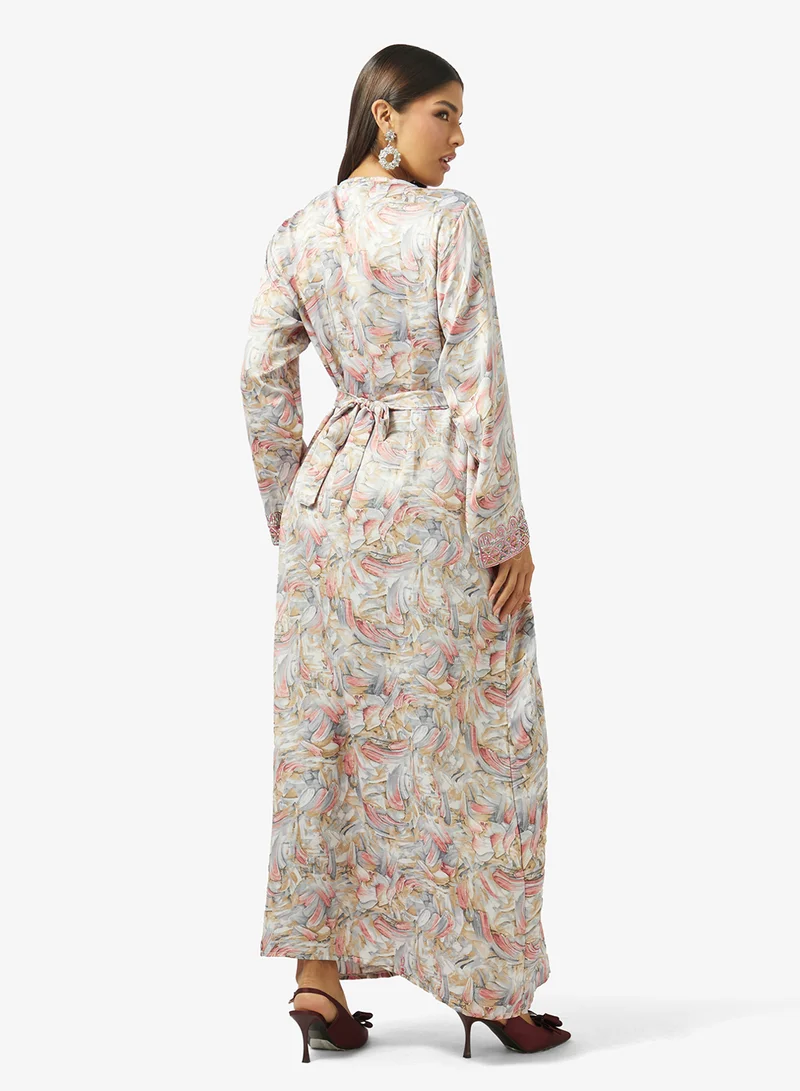 hayas closet Floral Embroidery & Stonework And Belt Jalabiya