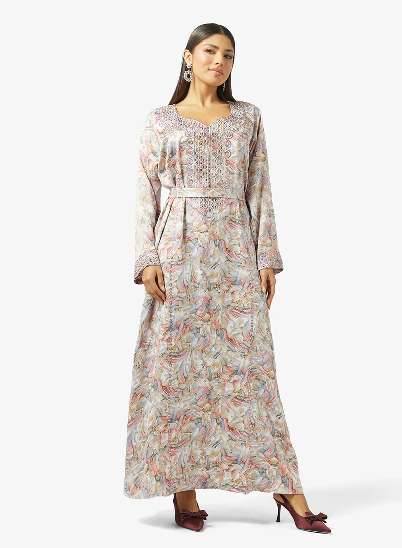 Floral Embroidery & Stonework And Belt Jalabiya