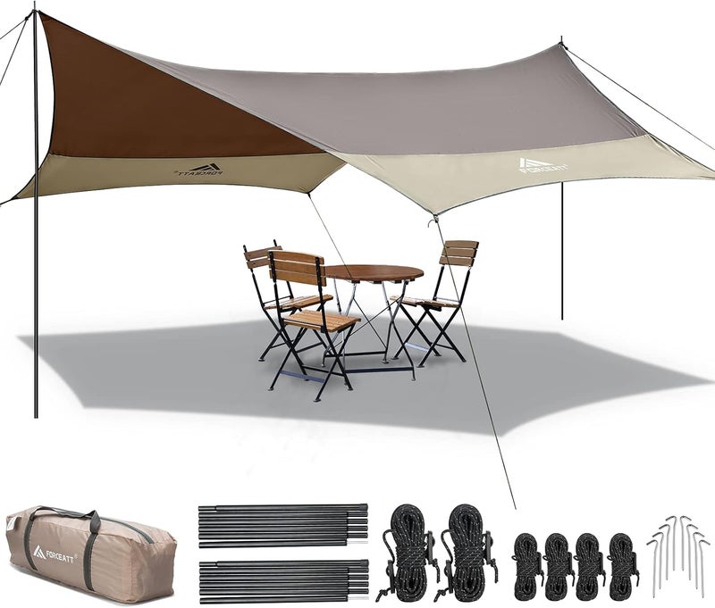 Forceatt 12x14FT Waterproof Camping Tarp with 2 Poles, Sun Shelter for Car, Tent, Hammock in Camping, Hiking, Backpacking, Garden and Traveling - Image 1