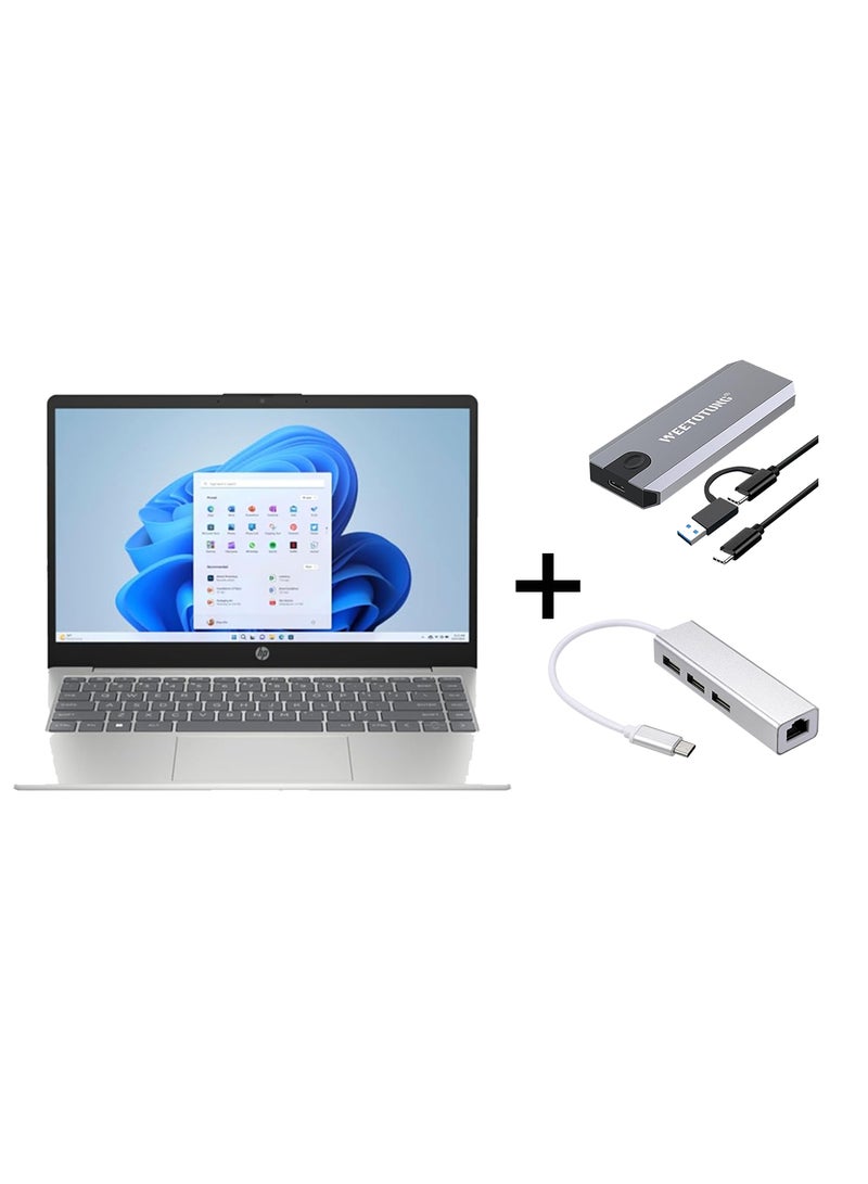 HP لابتوب 14 بوصة مع شاشة FHD بقطر 14 بوصة، معالج Core i3-1215U/16GB RAM/512GB SSD/رسومات Intel UHD/ويندوز 11 إنجليزي/عربي فضي طبيعي مع قرص خارجي سعة 128GB + محور Type-C إلى USB - Image 1