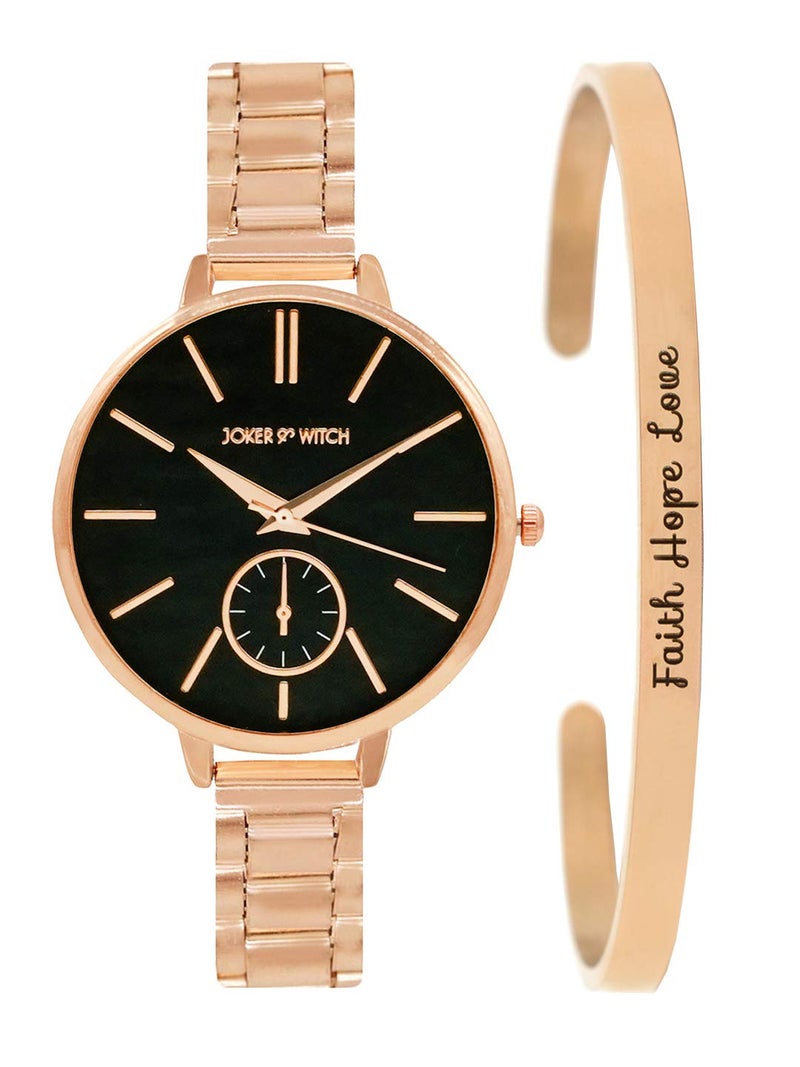 Joker & Witch Stainless Steel Fairy Light Rosegold Analogue Watch Bracelet Stack For Women, Black Dial, Rose Gold Band - Image 1