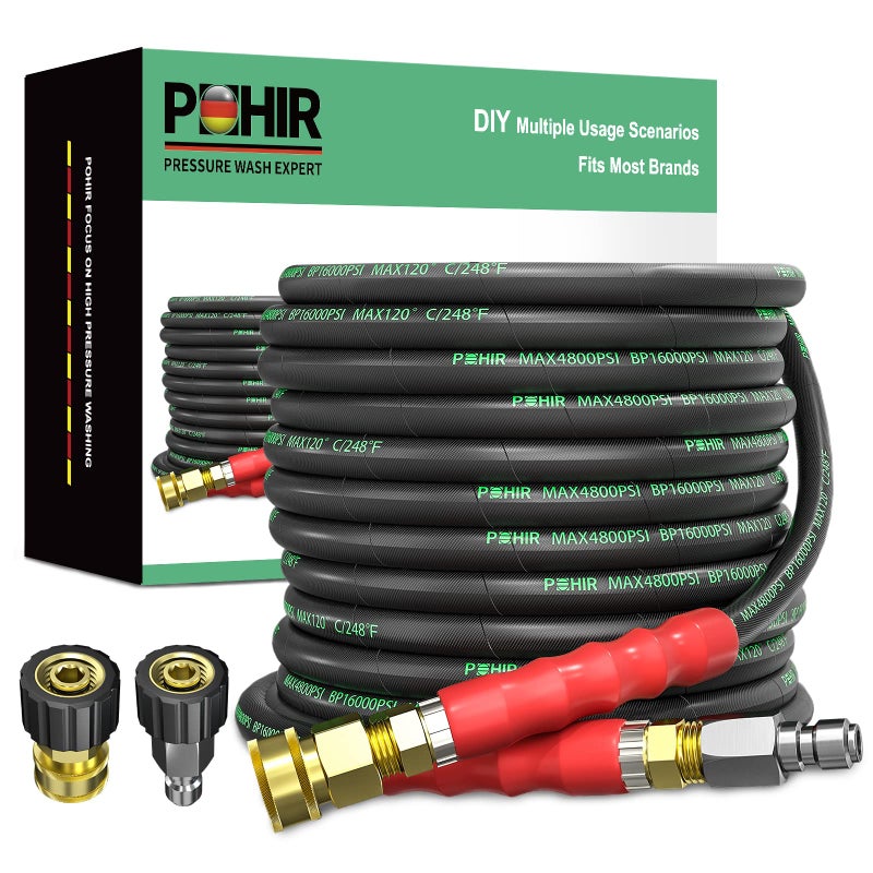 POHIR 38 Pressure Washer Hose 50 FT for Cold and Hot Water Max 248F with Quick Connect 4800psi Kink Resistant Industry Grade Steel Wire Braided Synthetic Rubber Jacket with 2 M22 14mm Adapter Set