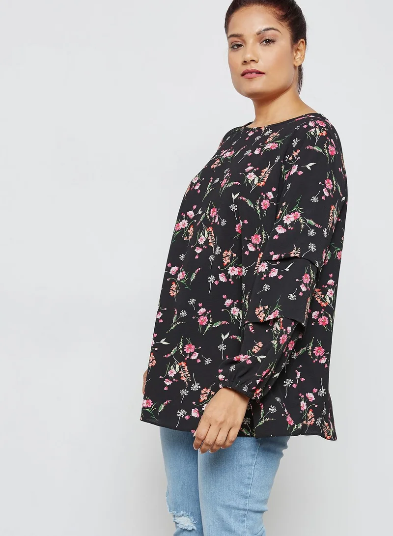 dp curve Floral Print Tuck Sleeve Top