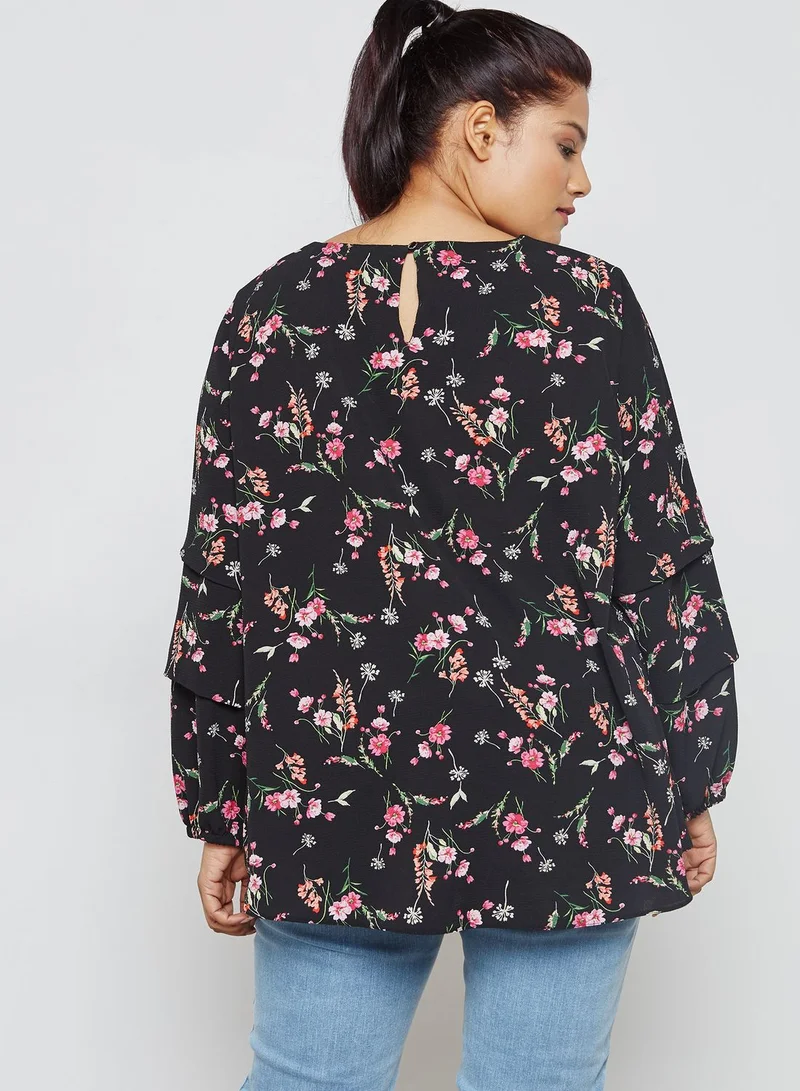 dp curve Floral Print Tuck Sleeve Top