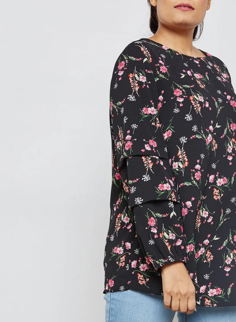 dp curve Floral Print Tuck Sleeve Top