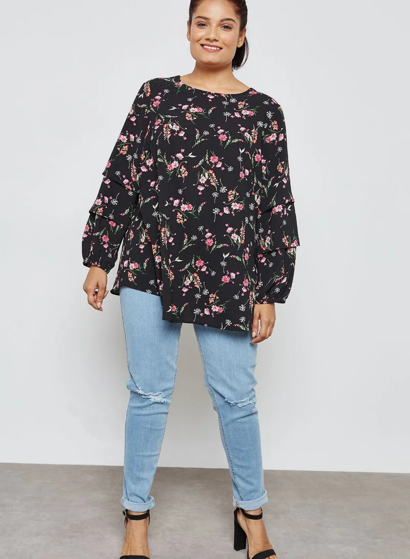 dp curve Floral Print Tuck Sleeve Top