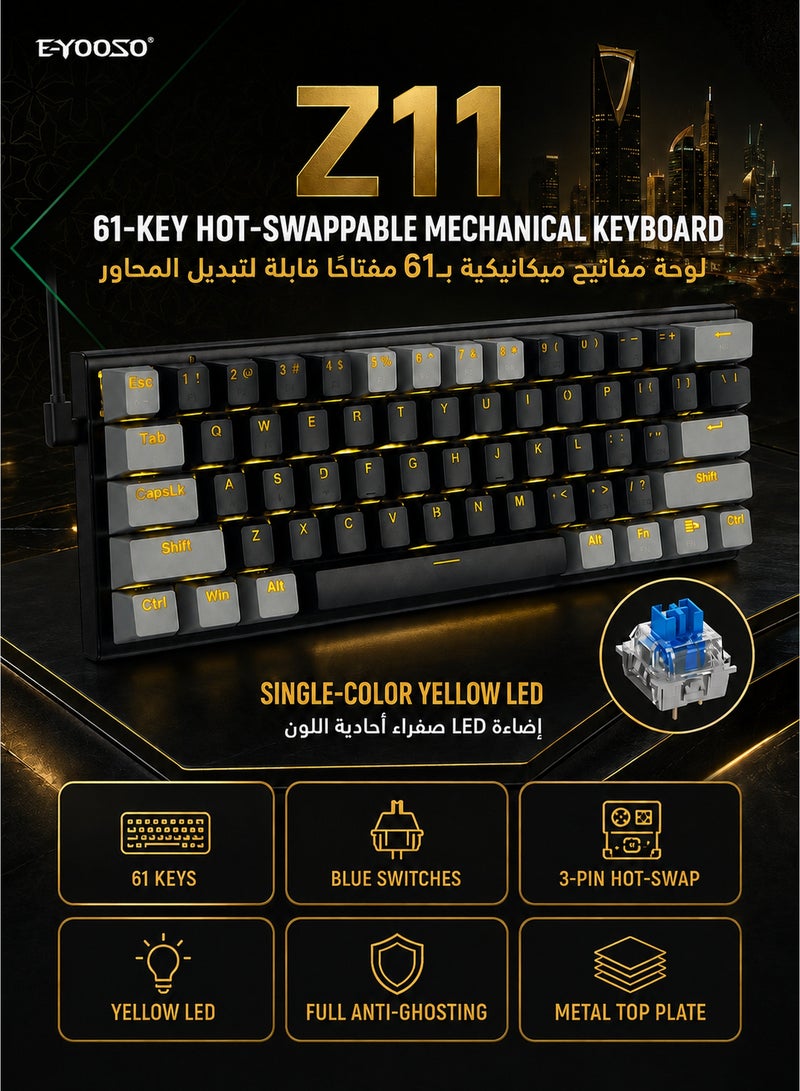 E-YOOSO 60% Wired Mechanical Gaming Keyboard with Blue Switches, LED Yellow Backlit, Ultra-Compact Computer Keyboard for PS4/5, Windows, Mac OS (Black Grey) - Image 2
